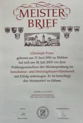 Meisterbrief Christoph Prüm